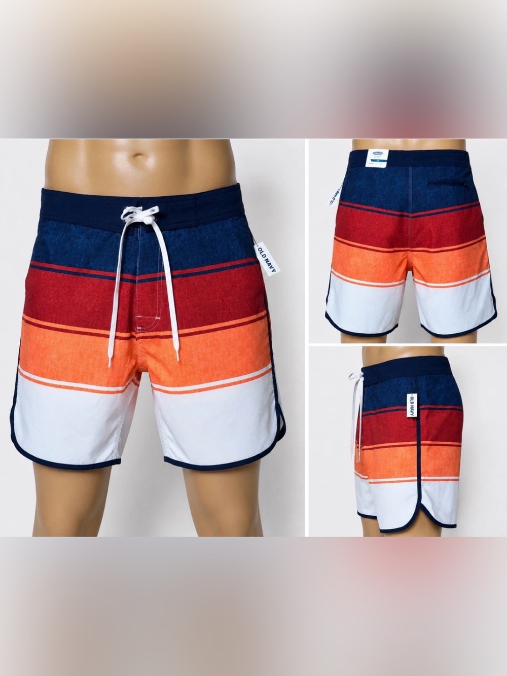 Old Navy Mens Board Shorts Blue Orange White Striped Swim Trunks NWT Small